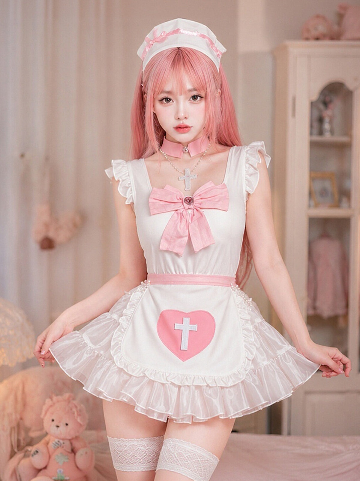Kawaii Nurse Cosplay Costume Set White Apron Maid Uniform