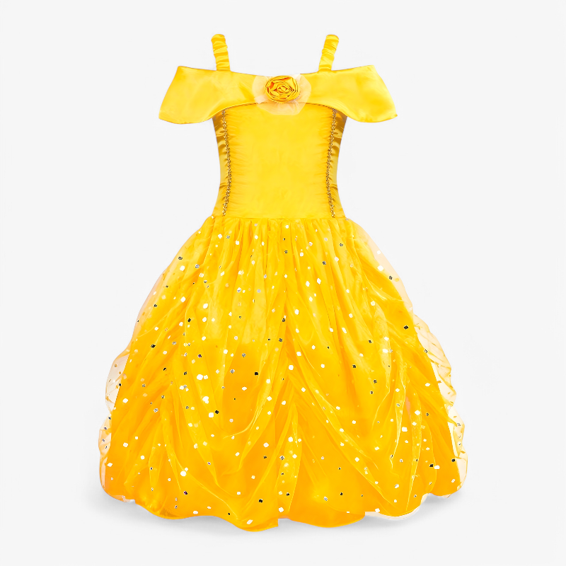Golden Princess Dress with Accessories for Girls – Includes Tiara, Magic Wand, Jewelry, and Gloves