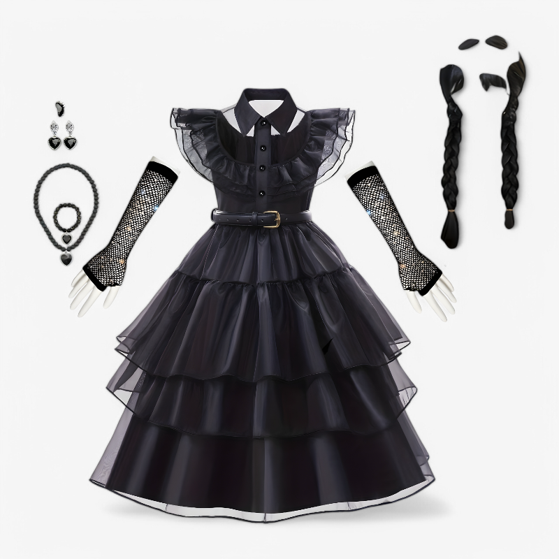 Mysterious Gothic Costume for Girls – Includes Wig, Socks, Gloves, and Jewelry Set