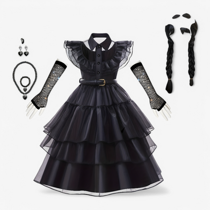 Mysterious Gothic Costume for Girls – Includes Wig, Socks, Gloves, and Jewelry Set