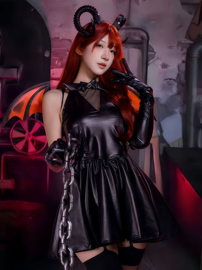 Gothic Succubus Cosplay Costume Wet Look Faux Leather Mini Dress with Horns and Bat Wings
