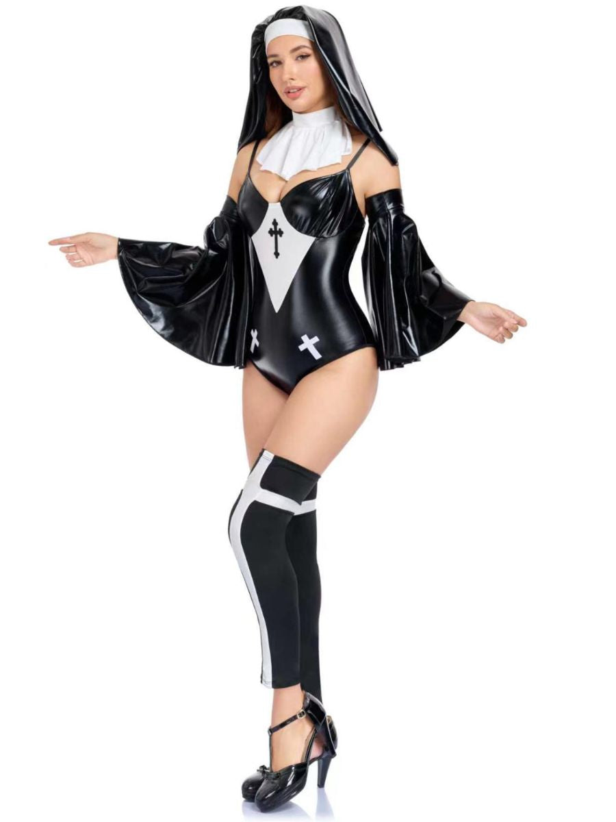 Faux Leather Nun Bodysuit Costume