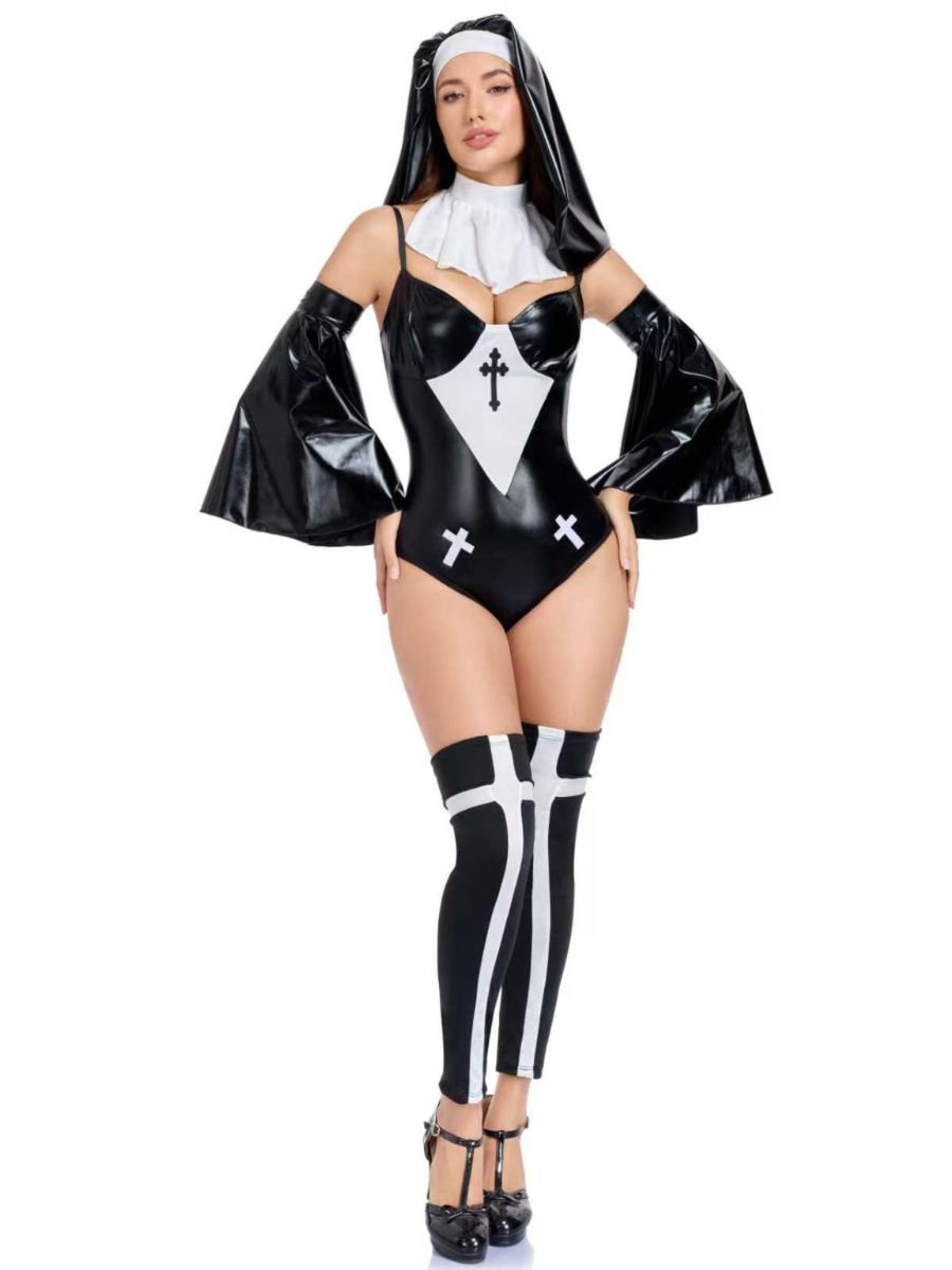Faux Leather Nun Bodysuit Costume