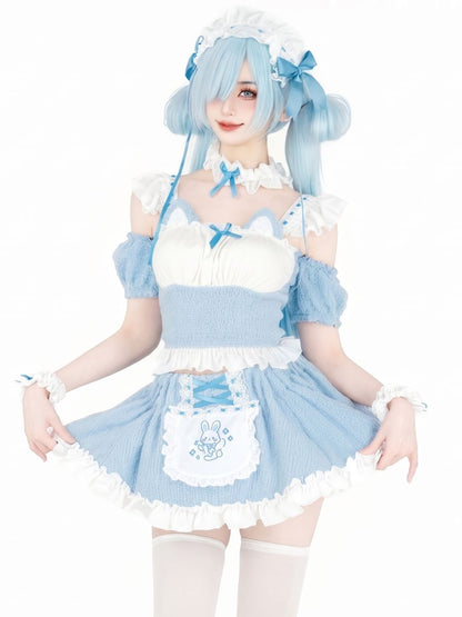 Kawaii Cat Maid Cosplay Costume Fleece Light Blue Lolita Top and Mini Skirt 