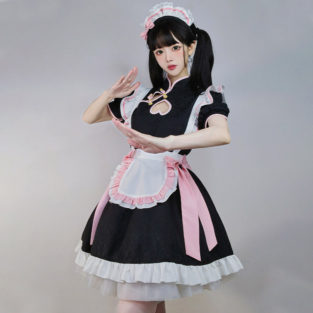 Anime French Maid Outfit Lolita Cosplay Dress Chinese Traditional Cheongsam Style Lolita Dress
