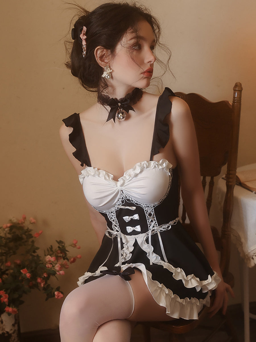 Black and White Ruffled Apron Dress