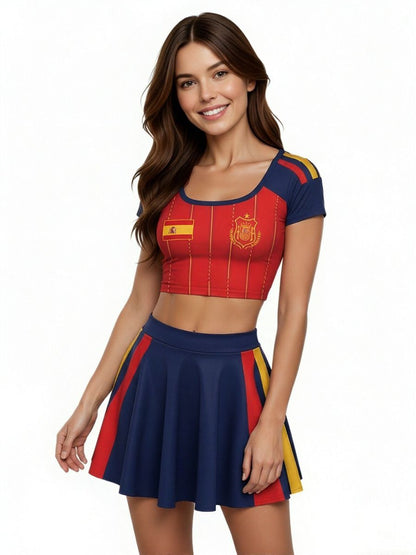 Spanish Soccer Fan Outfit for Women Sexy Cheerleading Crop Top and Mini Skirt 