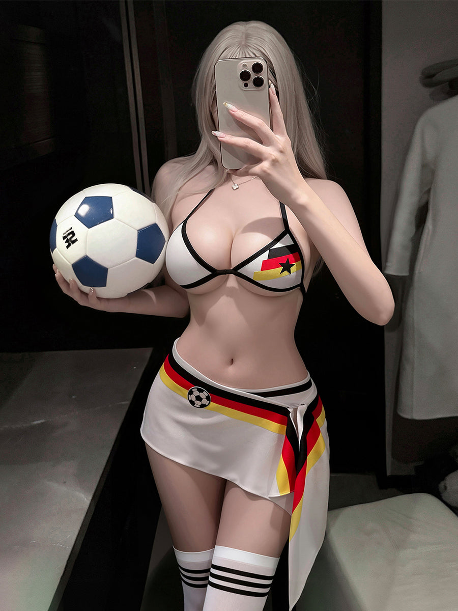 German Soccer Bikini Set 5-Piece White Football Cheerleader Costume Outfit Sports Themed Cosplay Wear 