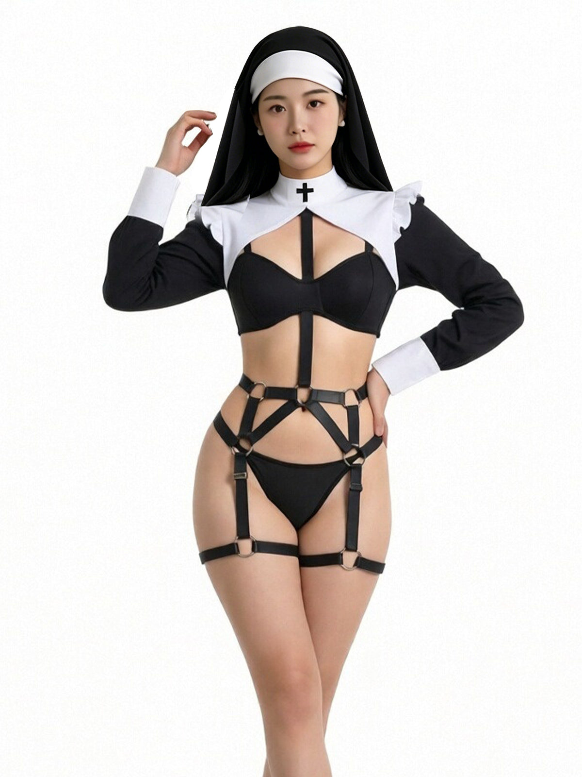 Gothic Nun Costume Set Black Habit Nun Harness Cosplay Outfit 