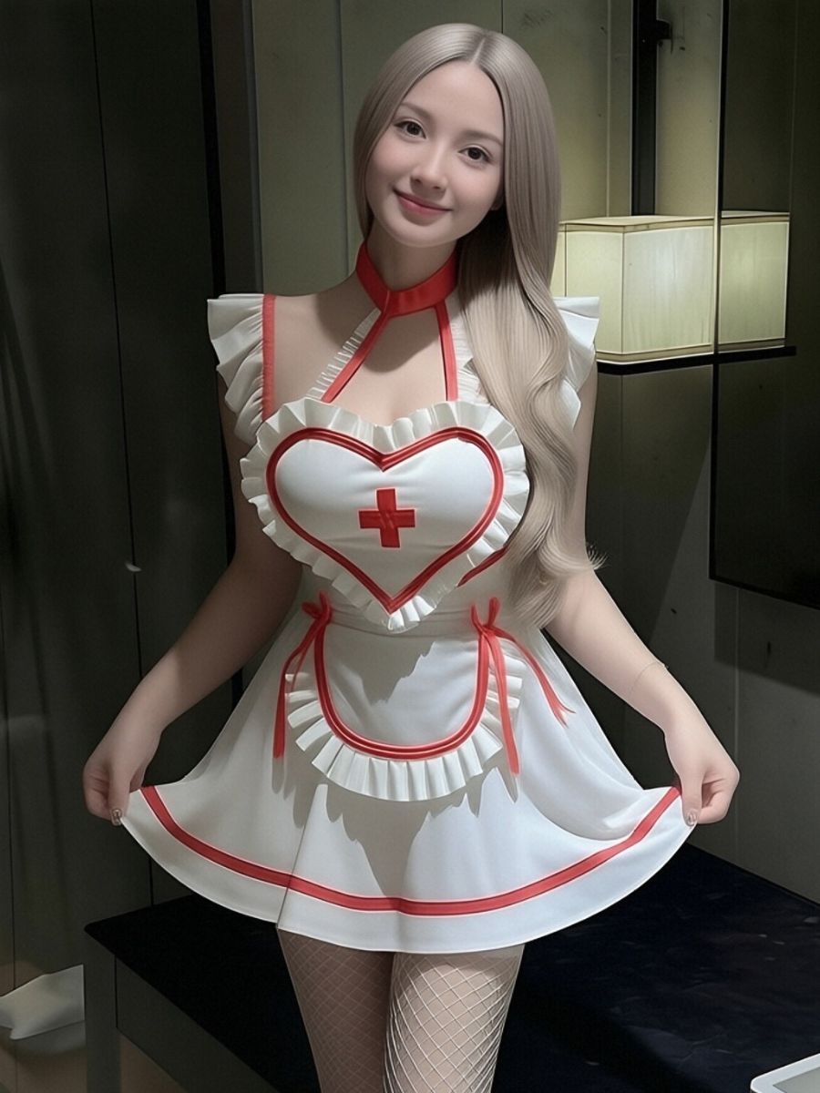 White Nurse Lingerie Dress Heart Ruffled Mini Dress with Lace Mask and Stockings