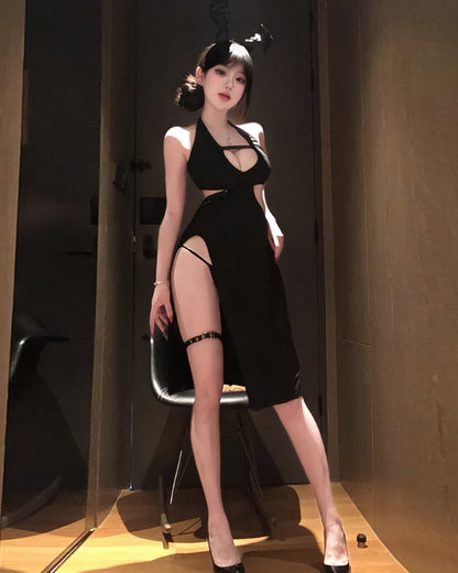 Sexy Bunny Girl Cosplay Costume Gothic Black High Slit Halter Dress Set