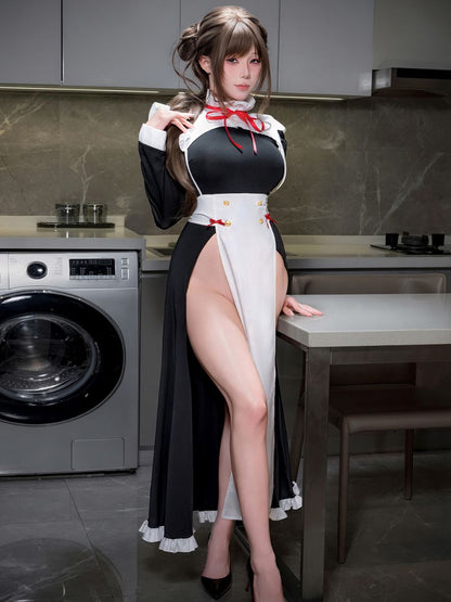 Anime Maid Cosplay Costume Sexy High Slit Black Maxi Dress and Maid Apron with Accessories 