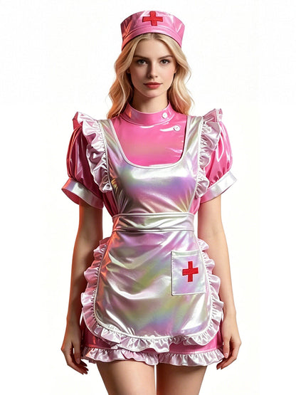Holographic Nurse Cosplay Costume Pink Faux Leather Nurse Uniform Set