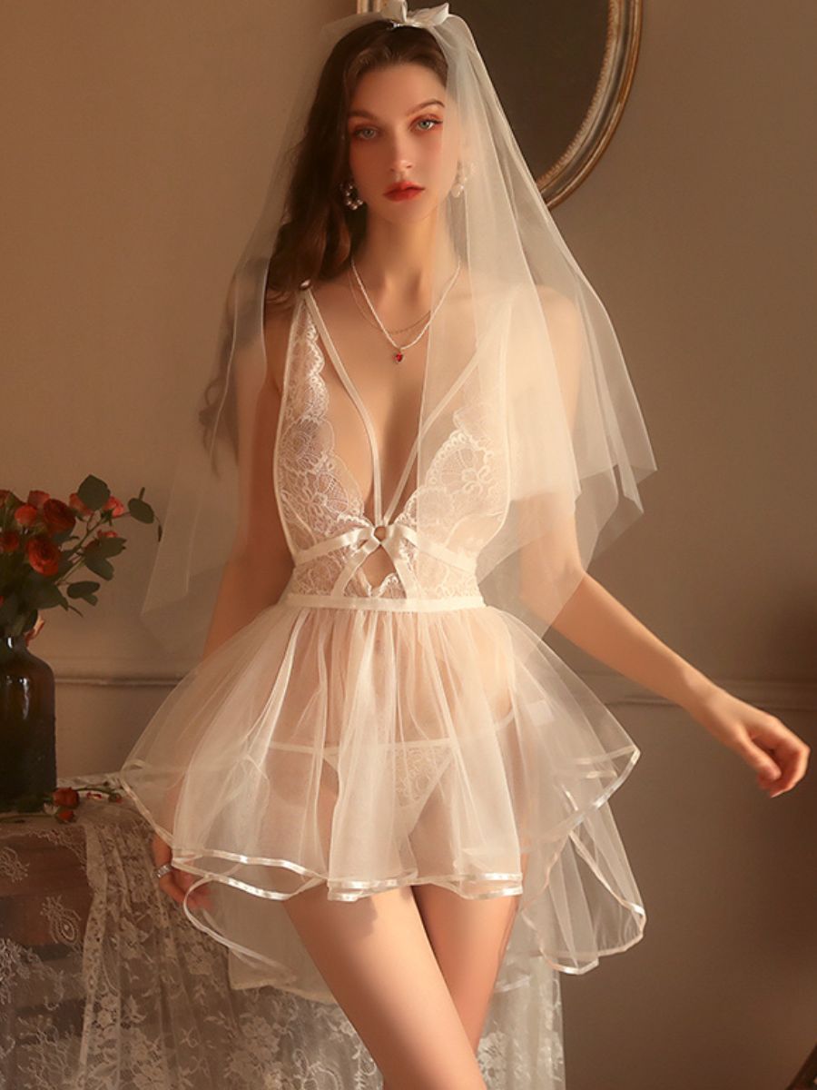 Sexy Bridal Cosplay Lingerie Set White Wedding Sheer Lace Babydoll Dress