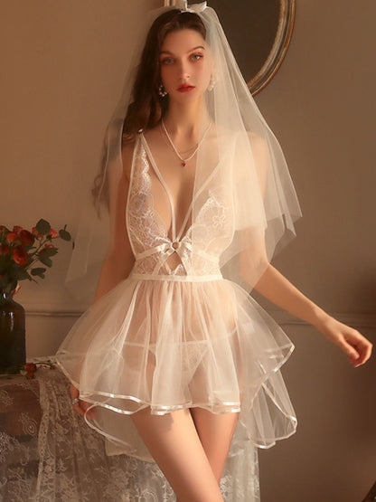 Sexy Bridal Cosplay Lingerie Set White Wedding Sheer Lace Babydoll Dress