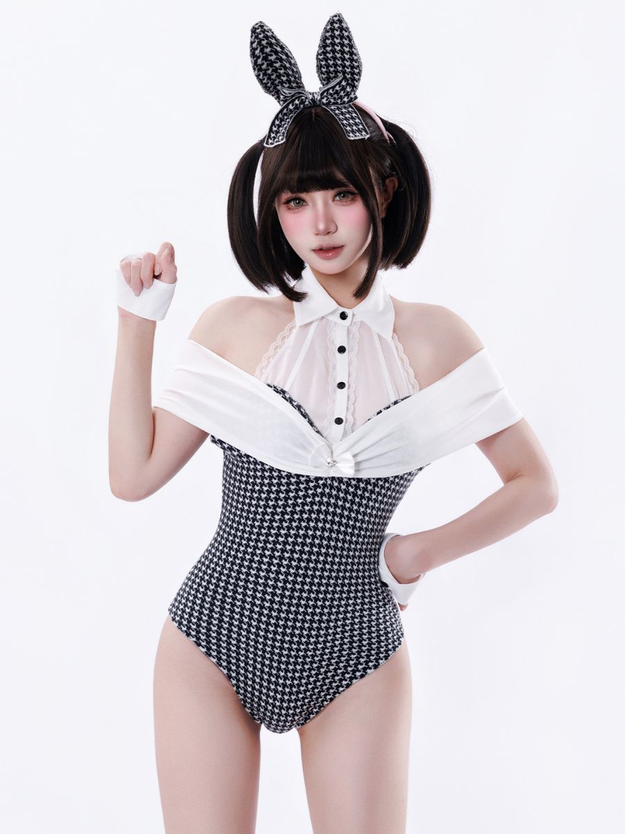 Retro Houndstooth Bunny Girl Cosplay Sexy Halter Neck Tuxedo Bodysuit Lingerie Set 
