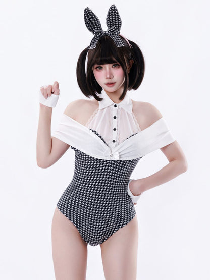 Retro Houndstooth Bunny Girl Cosplay Sexy Halter Neck Tuxedo Bodysuit Lingerie Set 