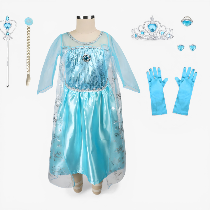 Enchanting Elsa Princess Costume for Kids – Complete with Tiara, Magic Wand, and Gloves