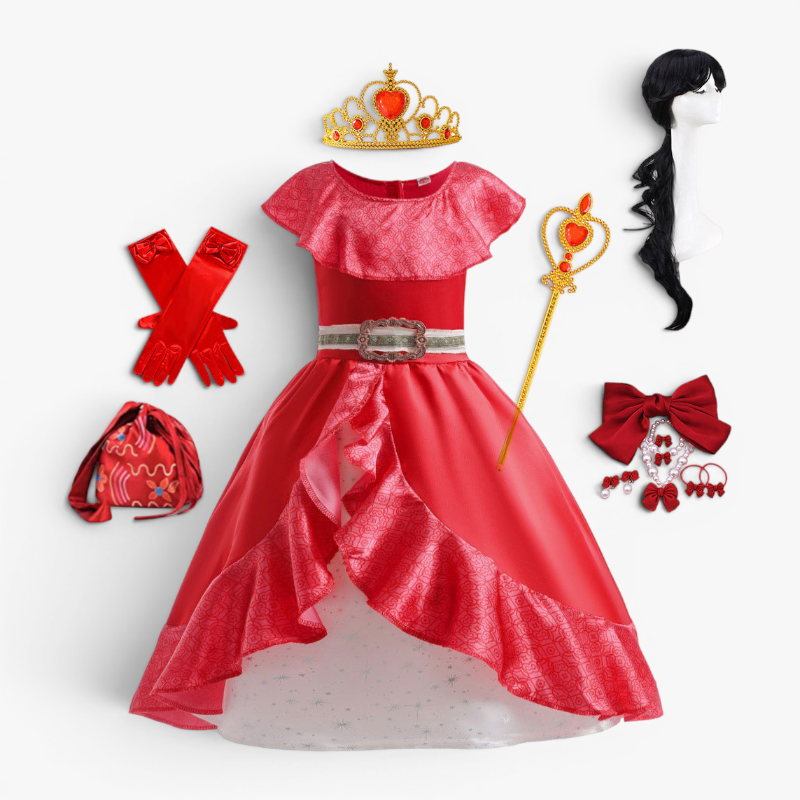 Elegant Red Princess Dress for Children – Includes Tiara, Wand, and Jewelry