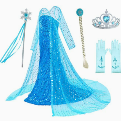 Enchanting Elsa Princess Costume for Kids – Complete with Tiara, Magic Wand, and Gloves