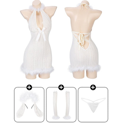 Furry Bodycon Lingerie Dress with Bunny Ear Halter V Neck Backless Sweater Dress