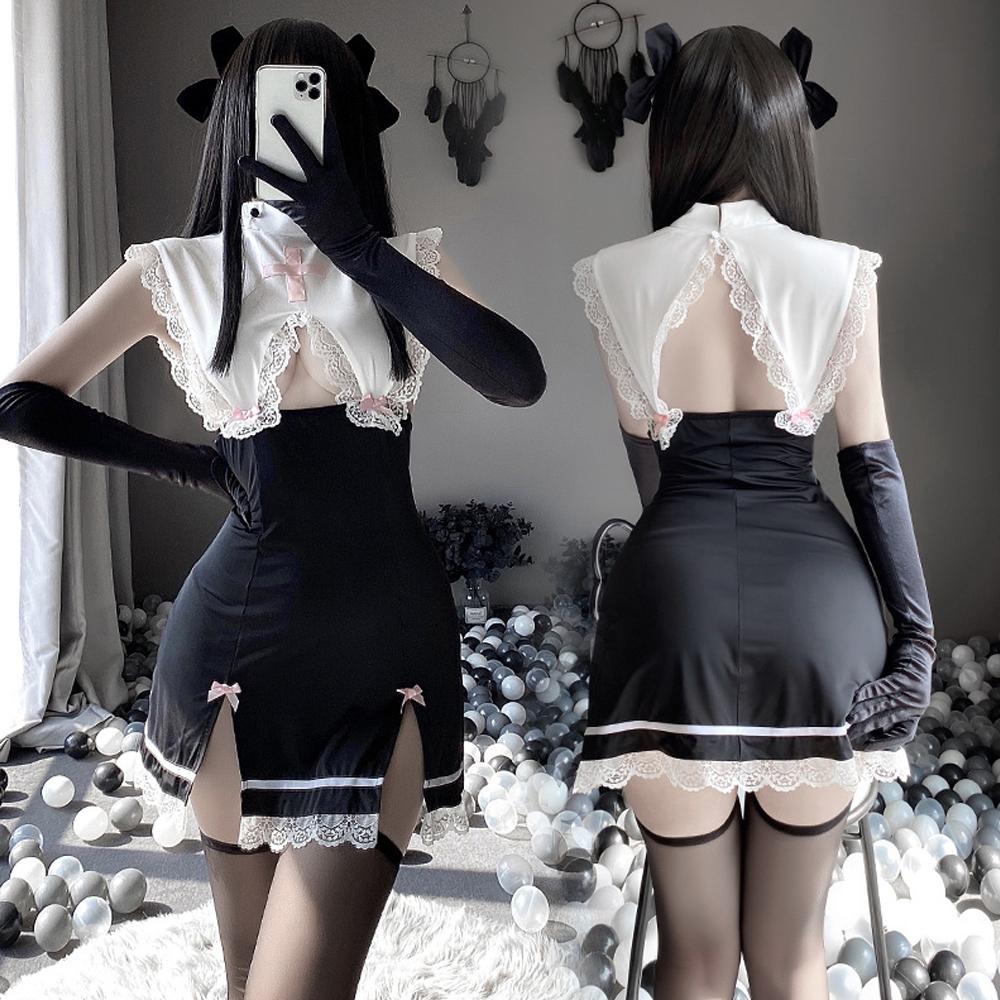 Naughty Maid Outfit Sexy Nun Cosplay Costume Lace Babydoll High Slit Bodycon Dress