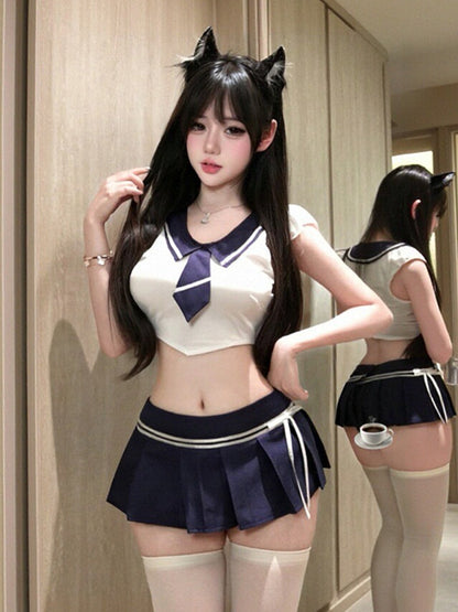 Japanese School Girl Cosplay Costume Set Navy Blue Sailor Cropped Top and Pleated Mini Skirt 