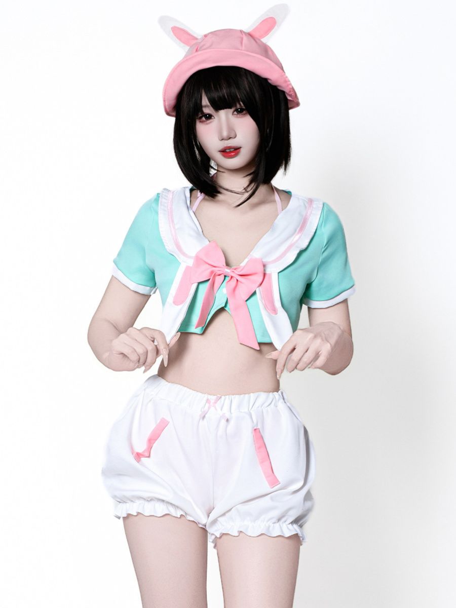 Kawaii Bunny Girl Cosplay Set Anime Crop Top and Pumpkin Shorts with Sun Hat and Bikini Set