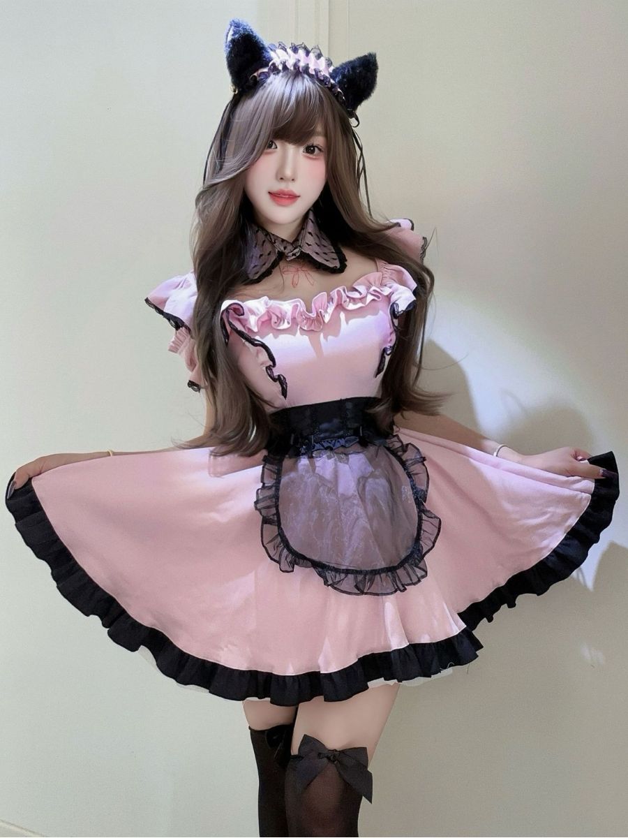 Kawaii Maid Costume Pink Lolita Ruffle Dress with Cat Ear Headband 