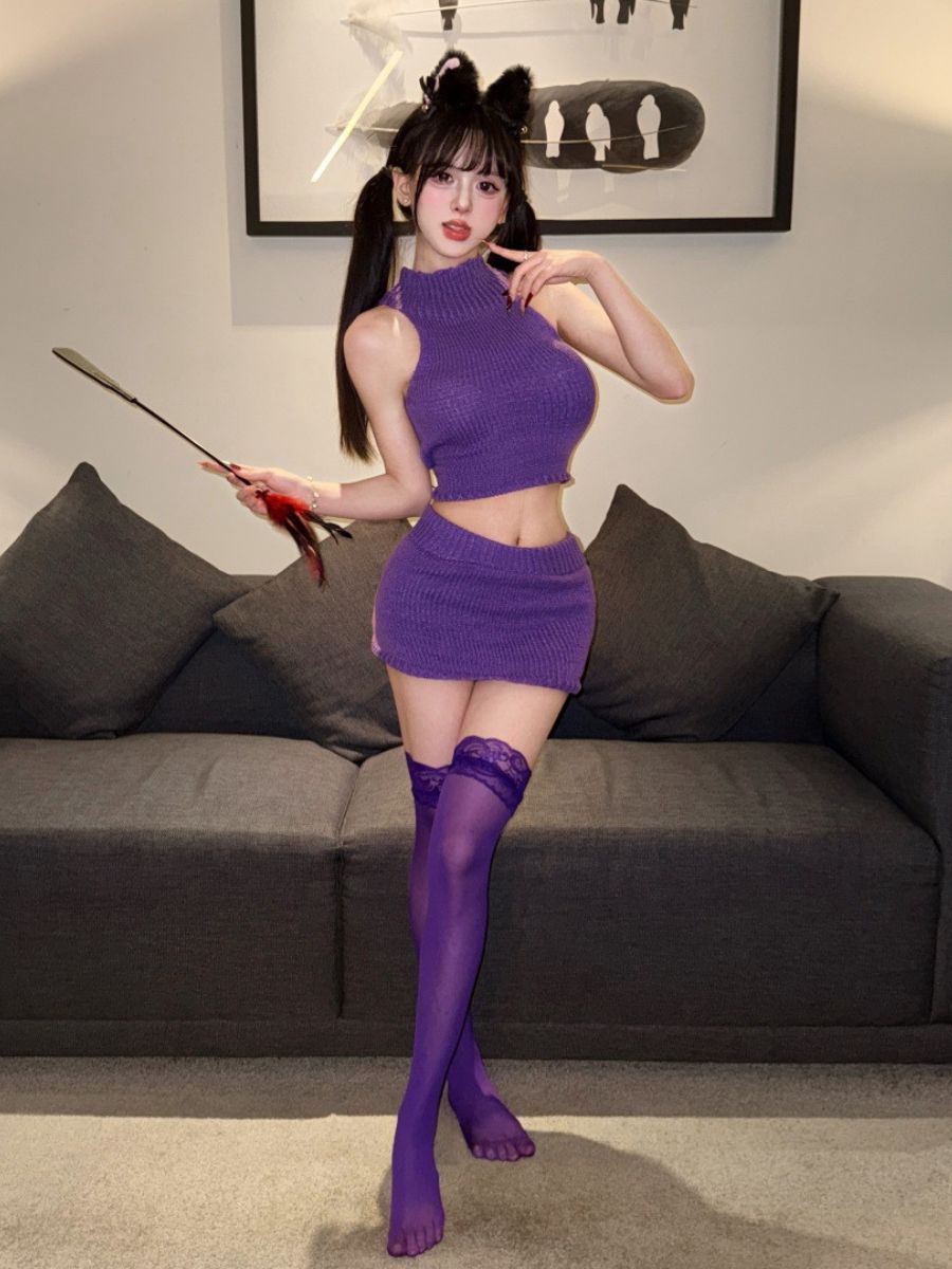 Kawaii Purple Knit Two Piece Set Anime Cat Girl Cosplay Crop Top and Mini Skirt