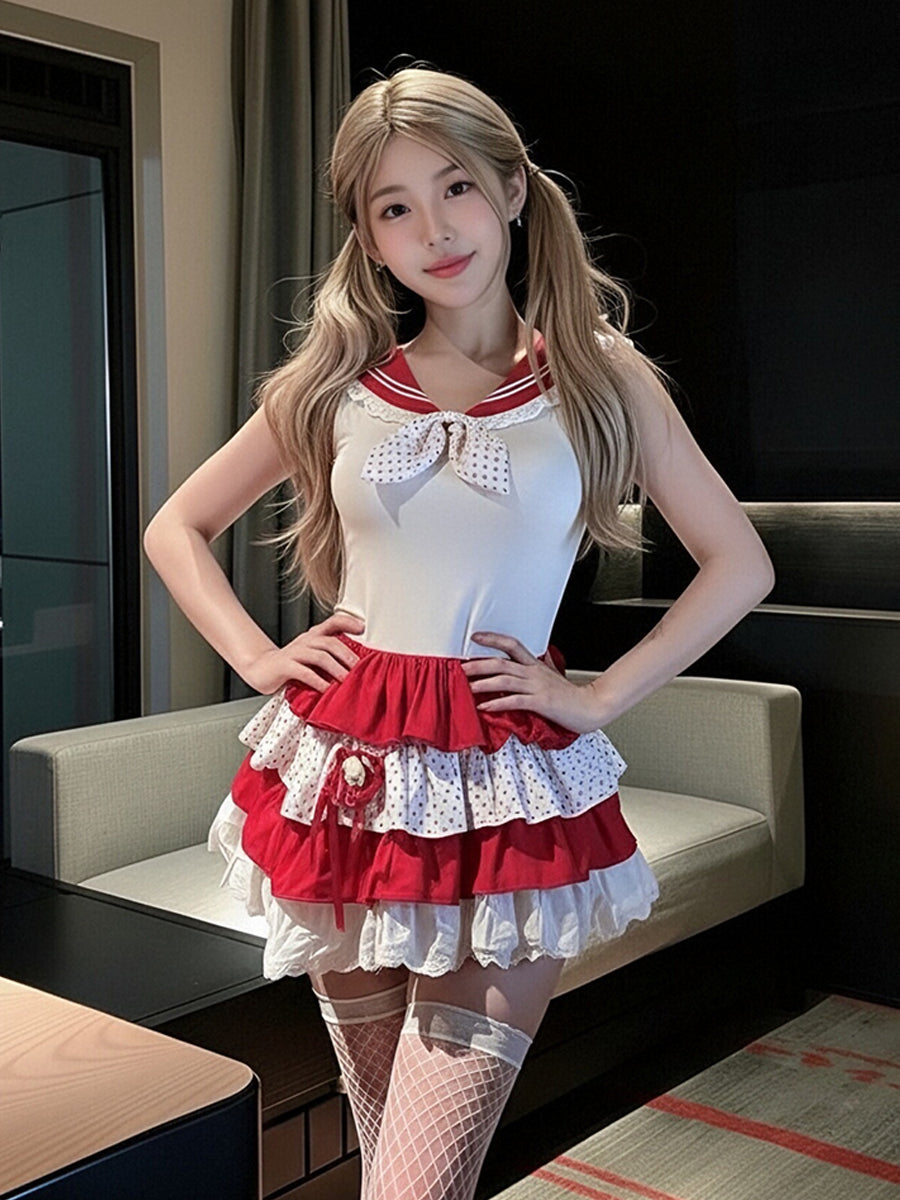 Japanese Sailor Girl Cosplay Costume Set Anime Lolita Tiered Ruffle Mini Dress