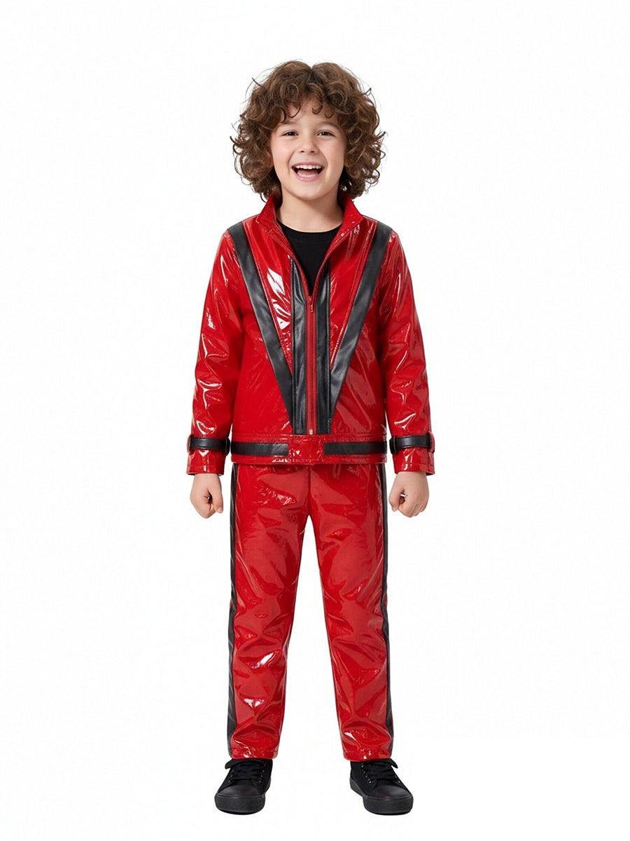 Michael Jackson Thriller Costume for Kids 80s Pop King Red Faux Leather Jacket and Pants