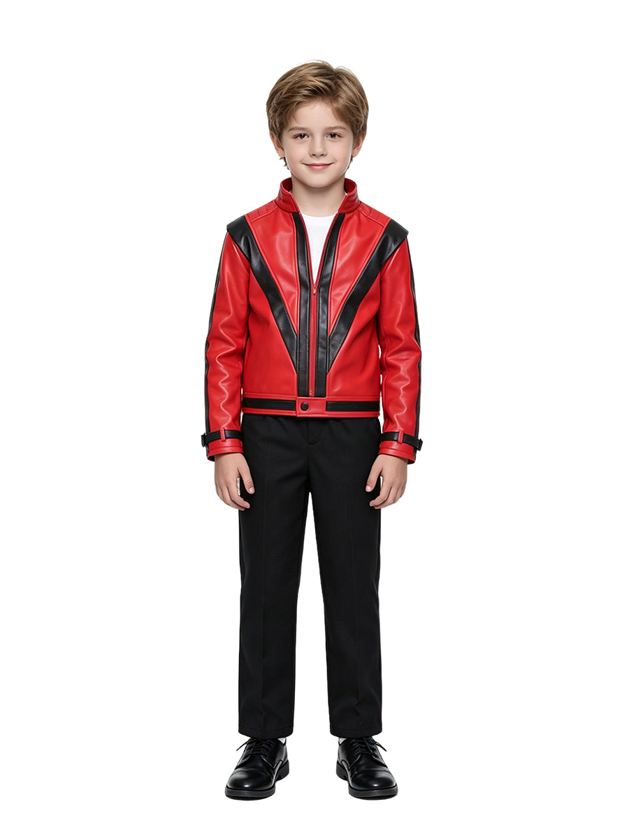 Kids Michael Jackson Thriller Costume 80s Pop King Red Faux Leather Jacket and Black Pants