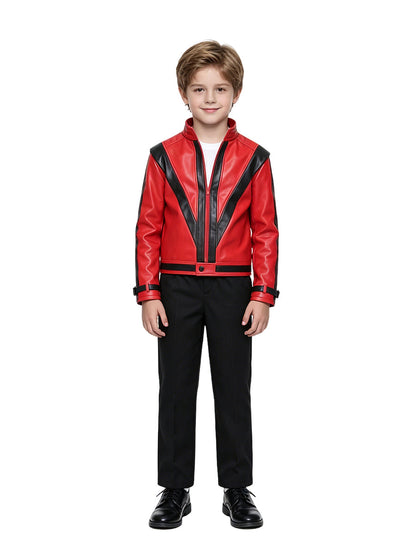 Kids Michael Jackson Thriller Costume 80s Pop King Red Faux Leather Jacket and Black Pants