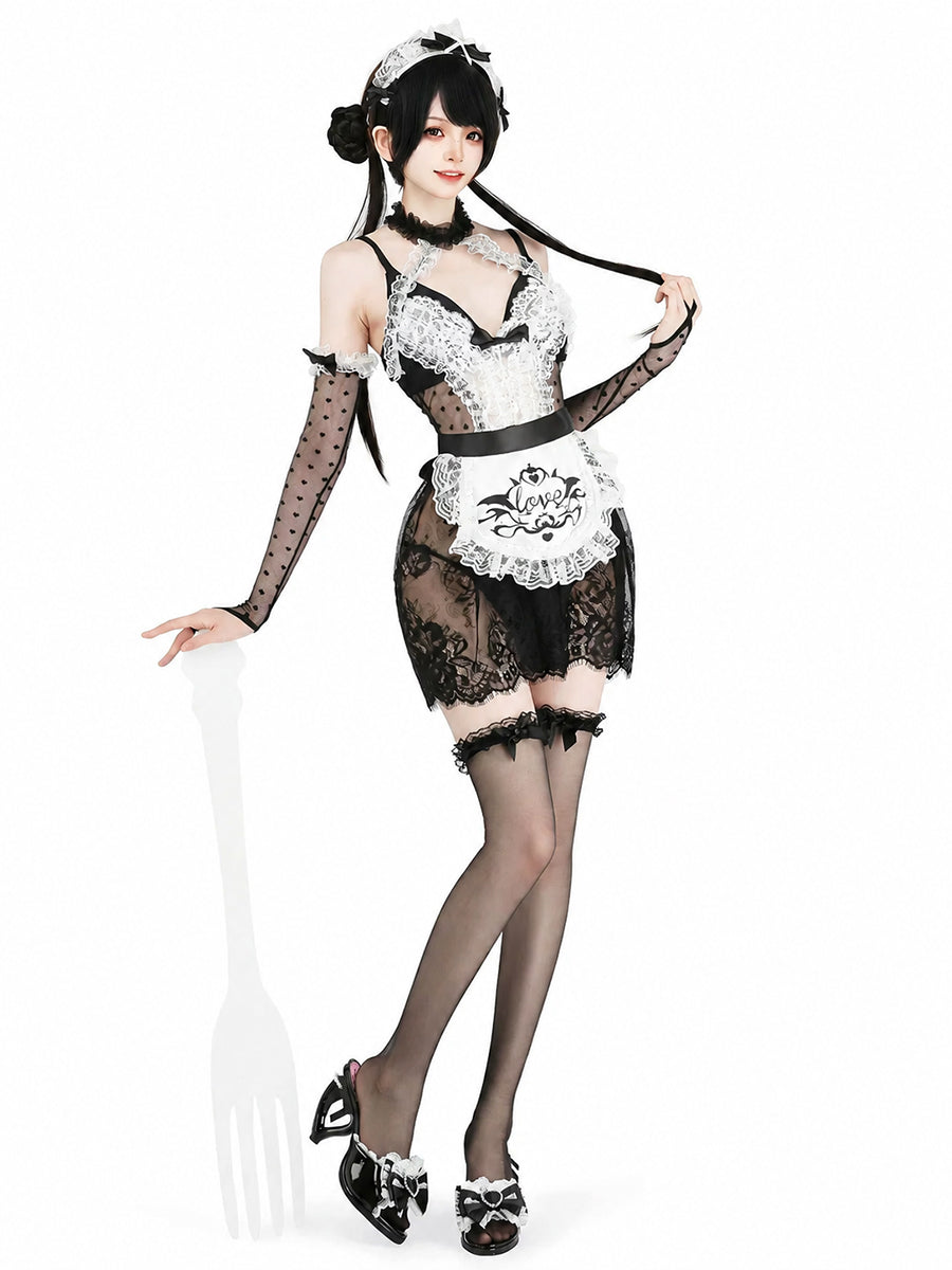 Sexy French Maid Lingerie Set Black Sheer Lace Anime Cosplay Babydoll Dress
