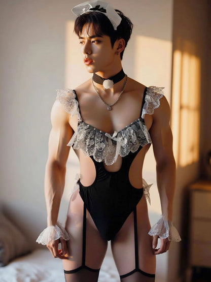 Men's French Maid Cosplay Lingerie Set Frilly Lace Teddy Bodysuit with Headband 