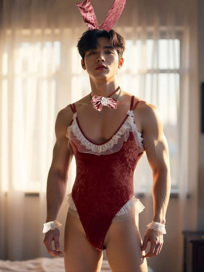 Men’s Bunny Bodysuit Lingerie Velvet One Piece Cosplay Outfit wirh Rabbit Ears Headband 