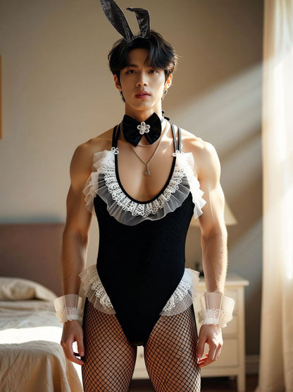 Men’s Bunny Bodysuit Lingerie Velvet One Piece Cosplay Outfit wirh Rabbit Ears Headband 