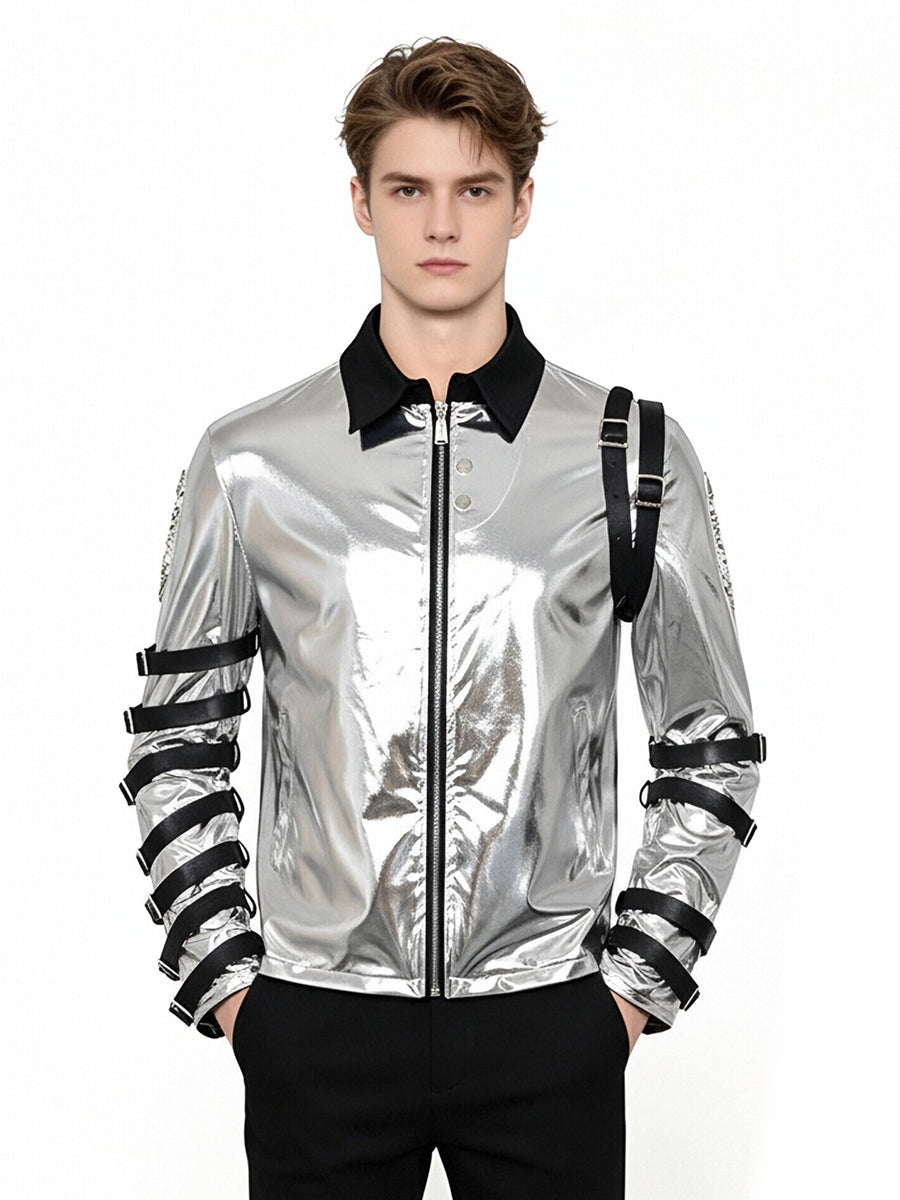 Michael Jackson Silver Buckle Jacket MJ Bad Tour Metallic Stage Style Costume