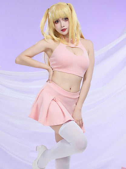 Pink Heart Cutout Crop Top and Mini Skirt