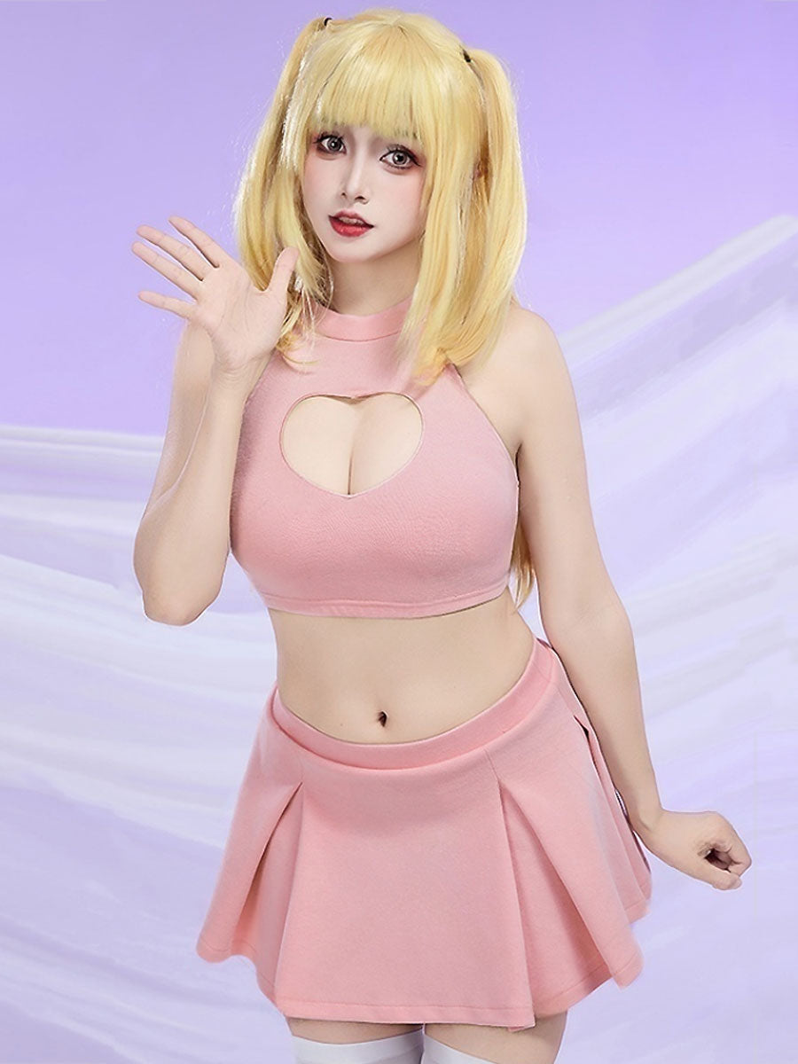 Pink Heart Cutout Crop Top and Mini Skirt