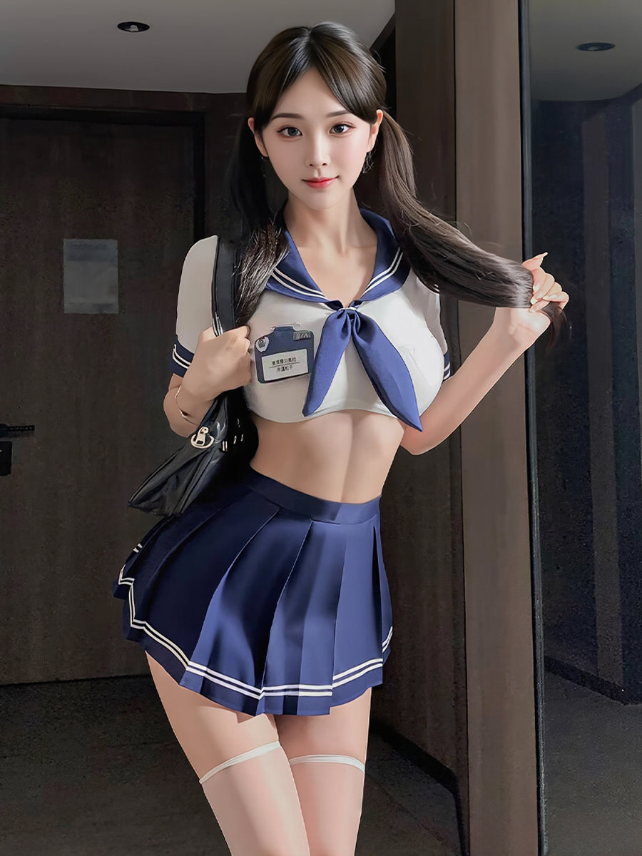 Japanese School Girl Cosplay Set Anime White Crop Top and Navy Blue Pleated Skirt 