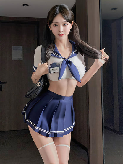 Japanese School Girl Cosplay Set Anime White Crop Top and Navy Blue Pleated Skirt 