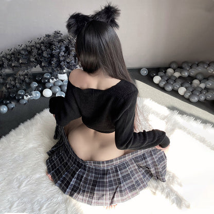 Ribbed Knit Top W/ Plaid Mini Skirt