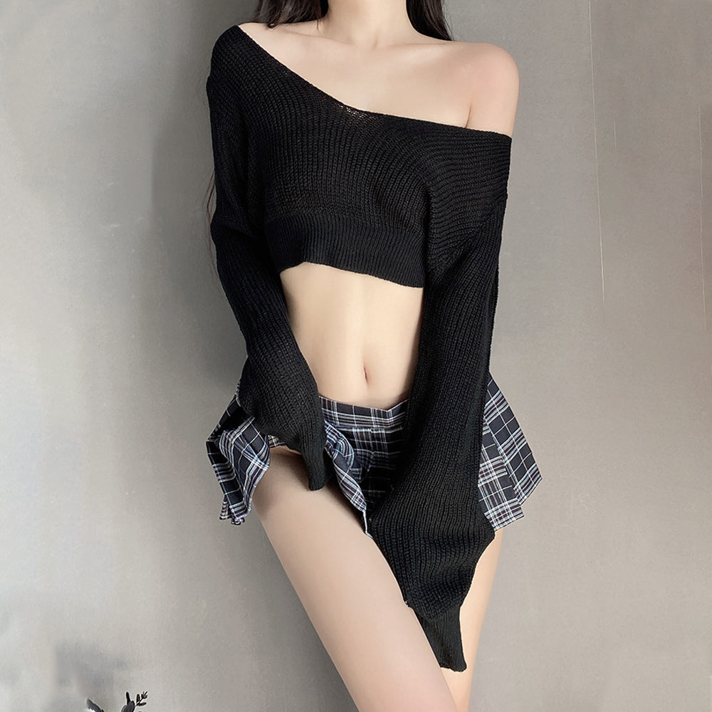 Ribbed Knit Top W/ Plaid Mini Skirt
