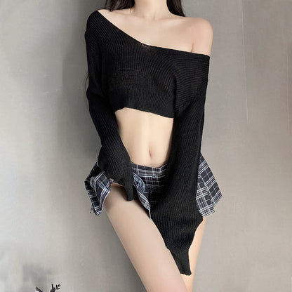 Ribbed Knit Top W/ Plaid Mini Skirt