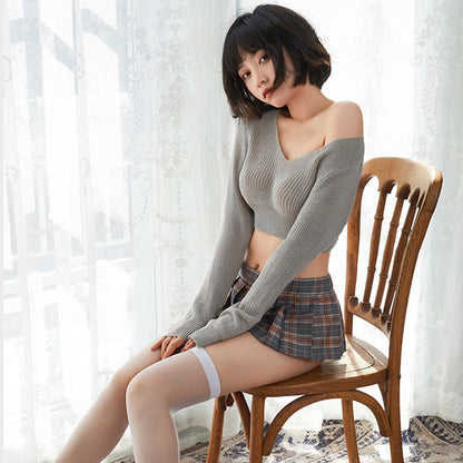 Ribbed Knit Top W/ Plaid Mini Skirt