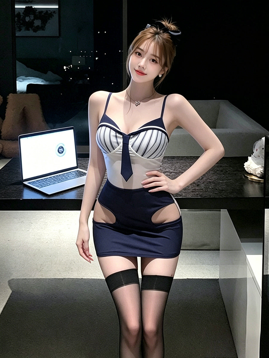 Sexy Navy Office Lady Cosplay Lingerie Anime Secretary Striped Bodycon Dress 