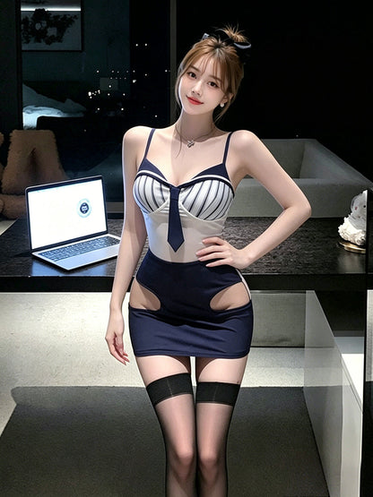 Sexy Navy Office Lady Cosplay Lingerie Anime Secretary Striped Bodycon Dress 