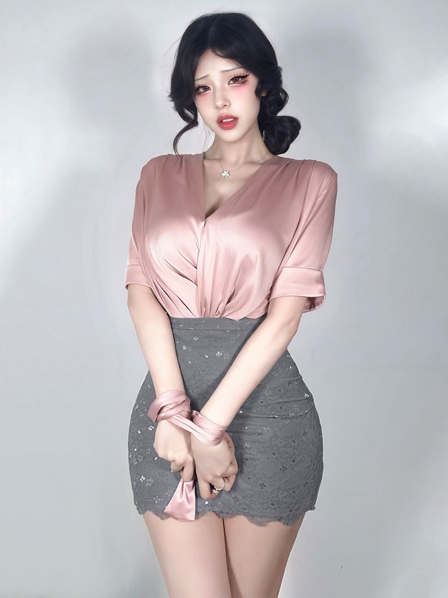 Office Secretary Cosplay Costume Satin V-Neck Blouse and Gray Lace Mini Skirt Set